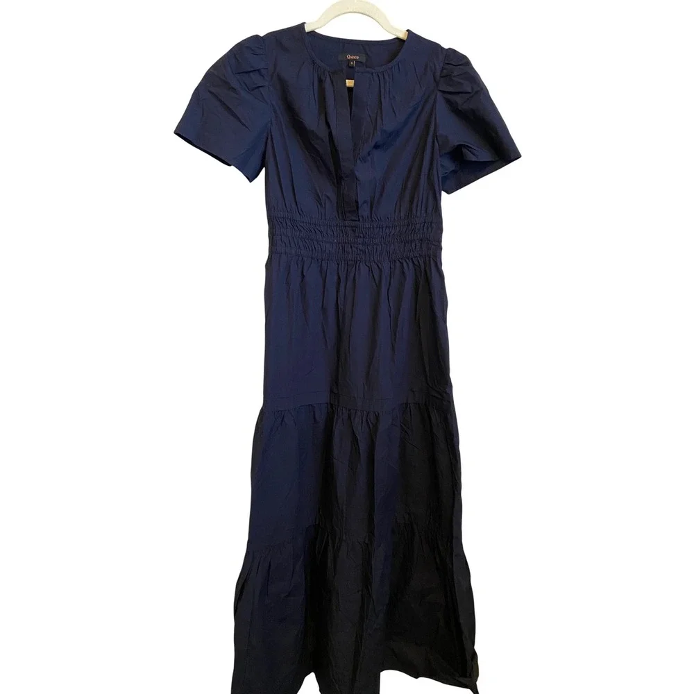 Quince Organic Cotton Poplin Tiered Maxi Dress Navy Blue Short Puff Sleeve S